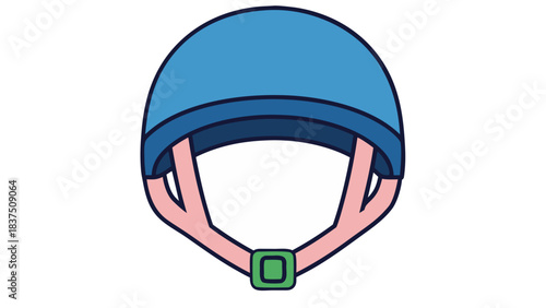 Blue equestrian helmet with pink straps and green buckle on a plain black background with white accents showing protective headgear for horse riding saftey equipment detailed vector illustration