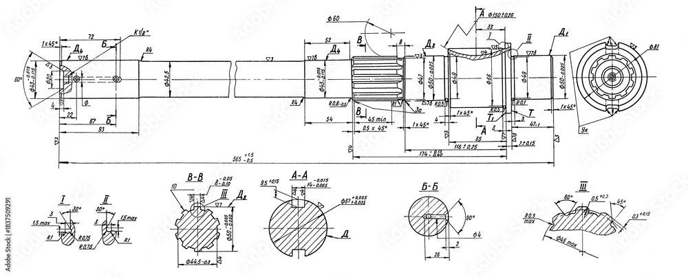 Obraz premium Winch shaft of truck. Engineering automotive assembly mechanical drawing of steel device on paper sheet. Industrial cad scheme. Technology design of machine building industry. Machined template.