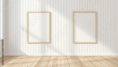 interior displaying two vertical frames with thin light-wood borders mounted on a white wooden-plank wall