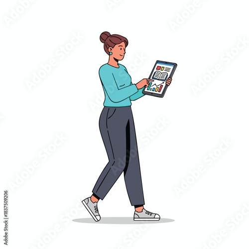 Woman walking with tablet analyzing data charts