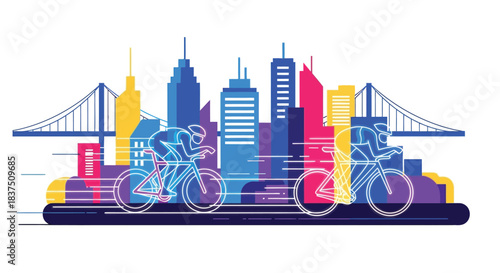 Cyclists racing through the city skyline a vibrant display of speed and urban energy.