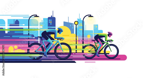 Cyclists racing through the city streets with speed and determination a vibrant illustration.