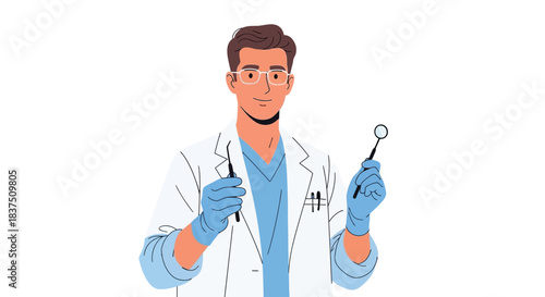 Dentist in white coat holding dental tools ready for examination and treatment.