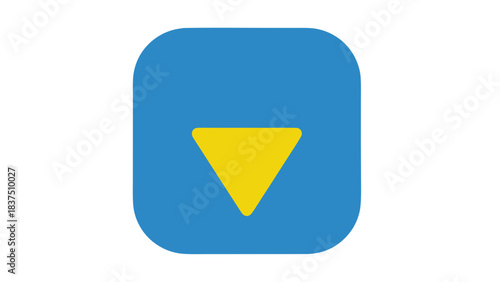 Blue square with rounded corners featuring a downward pointing yellow triangle graphic on a black background abstract minimalist icon representing down arrow or selection