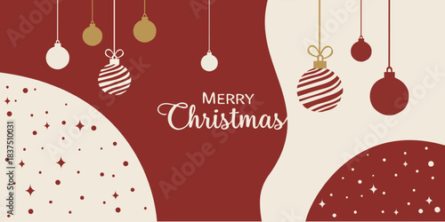 A modern "Merry Christmas" template. This elegant design features abstract red and beige shapes, hanging ornaments, and stylish typography. An ideal background for holiday greetings, promotions