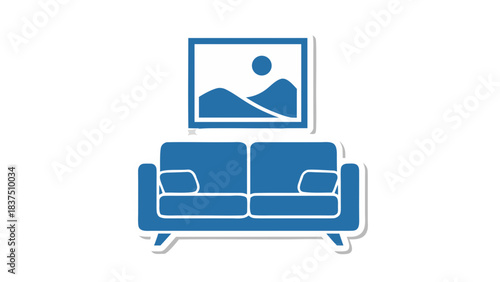Blue Sofa With Television Showing Landscape Scene In Living Room Minimalist Icon Style With White Border Isolated On Black Background