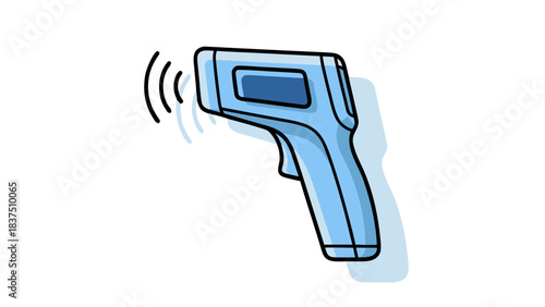 Blue Infrared Thermometer Gun with Digital Screen and Audio Waves on Black Background