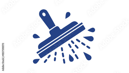 Blue Squeegee Tool Sprays Water Droplets Against Black Background Symbolizing Cleaning or Washing Service