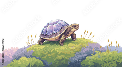 Detailed illustration of a turtle standing on a grassy hill looking forward.