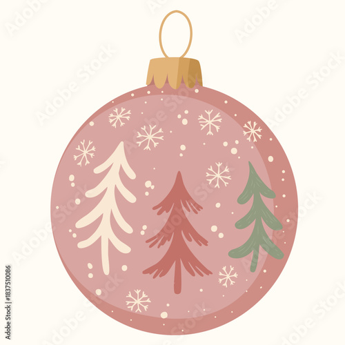 A beautiful pink Christmas ornament with a festive winter forest scene. The bauble is decorated with stylized Christmas trees and snowflakes in a gentle, hand-drawn style