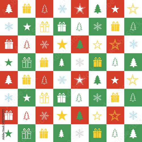 A colorful and festive seamless Christmas pattern. This checkered design features repeating squares with holiday icons such as Christmas trees, gift boxes, stars, and snowflakes 