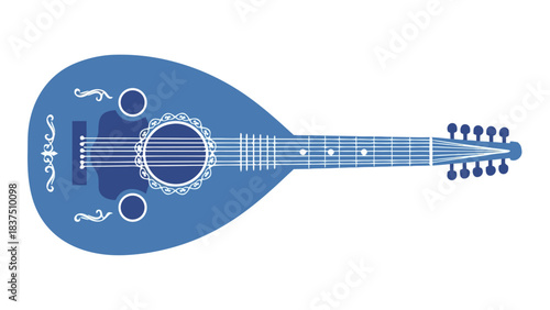 Blue Lute Musical Instrument Featuring Intricate Detailing and Multiple Strings Isolated on Black Background