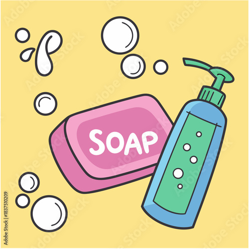Vibrant cartoon soap bar and dispenser bottle with bubbles promoting clean hygiene and sanitation awareness