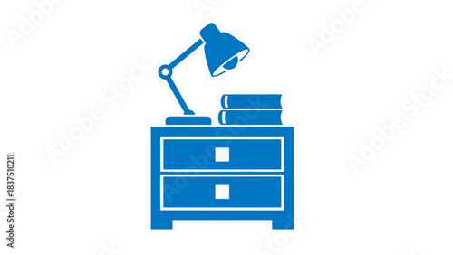 Blue Silhouette Of A Modern Desk Lamp With A Stack Of Books Placed On A Two Drawer Cabinet Against A Black Background