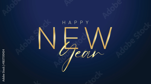 Happy new year golden letters banner with stars on blue background, illustration can use for landing page template ui web mobile app poster banner flyers