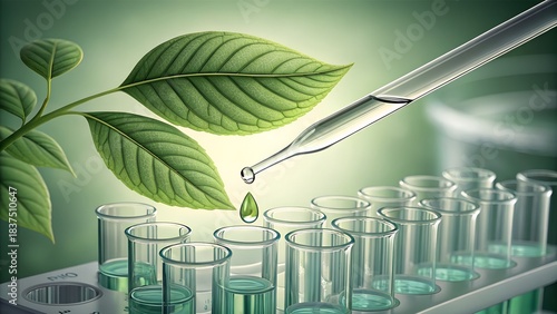 A pipette with a drop of liquid and a green leaf above test tubes. Concept for eco-friendly chemistry, plant analysis, cosmetics, and scientific experiments in the field of sustainable development