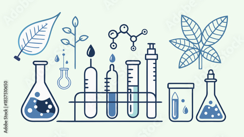 Vector illustration of a chemistry lab with flasks, test tubes, chemical and plant elements. Concept for scientific research and chemical experiments.