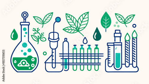 Vector illustration of a chemistry lab with flasks, test tubes, chemical and plant elements. Concept for scientific research and chemical experiments.