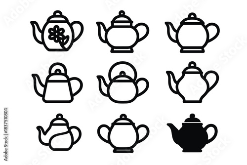 Tea and teapot silhouette icon set. featuring kettle, floral, vintage, classic, and modern designs