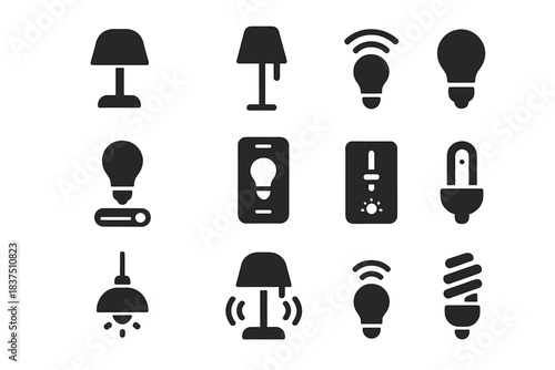Lighting silhouette icon set. featuring table lamp, ceiling lamp, bulb, and smart light symbols