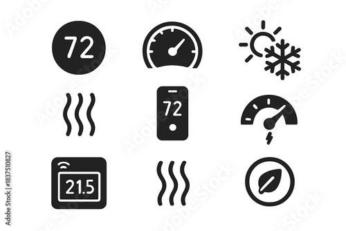 Weather and climate control silhouette icon set. featuring temperature, thermostat, speedometer, sun, snowflake symbols