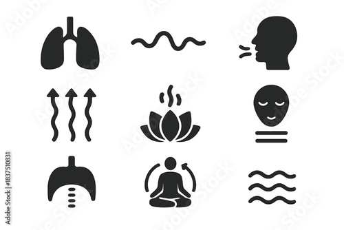 Health and relaxation silhouette icon set. featuring lungs, humidity, waves, speaking, yoga, and meditation symbols