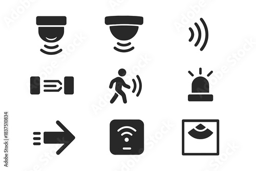 Security system silhouette icon set. featuring camera, motion sensor, siren, access control symbols