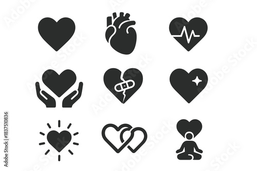 Love and heart silhouette icons set. featuring heart, heartbeat, love hands, broken heart, meditation