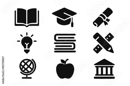 Education and learning silhouette icon set. featuring book, graduation cap, diploma, light bulb, ruler, globe, apple, and building