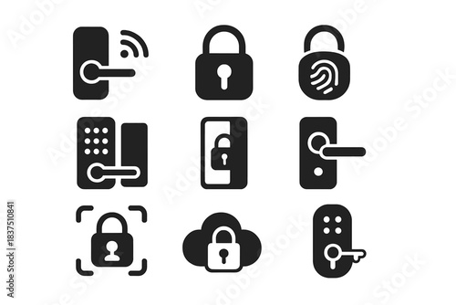 Security silhouette icon set. featuring lock, fingerprint, keypad, cloud, handle, and face recognition symbols