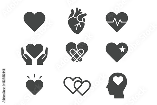 Healthcare and wellness silhouette icon set. featuring heart, ecg, hands, brain, pulse, and care symbols