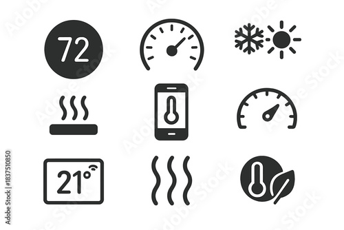 Climate control silhouette icon set. featuring temperature, gauge, sun, snowflake, mobile, and steam symbols