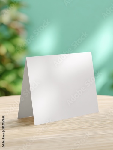 Wallpaper Mural Ultra realistic blank white card on wooden table with soft green background for design mockups Torontodigital.ca