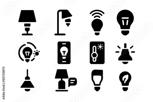 Home lighting silhouette icon set. featuring lamps, bulbs, light switch, bell, and lighting control symbols