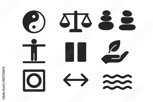 Wellness and balance silhouette icon set. featuring yin-yang, scales, meditation, balance, pause symbols