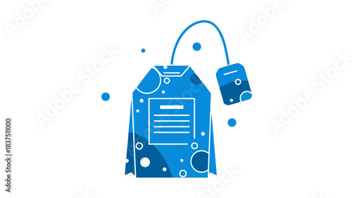 Blue Tea Bag Illustration with String and Tag on Black Background Featuring Abstract Circles and Dots and Minimalist Design Elements