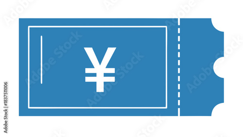 Blue Ticket With Japanese Yen Symbol Centered and Black Outline Isolated On Black Background