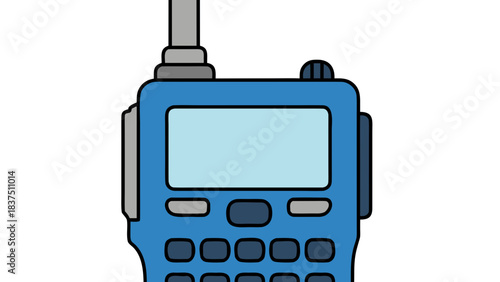 Blue Two Way Radio Device with Digital Screen and Buttons Against a Black Background
