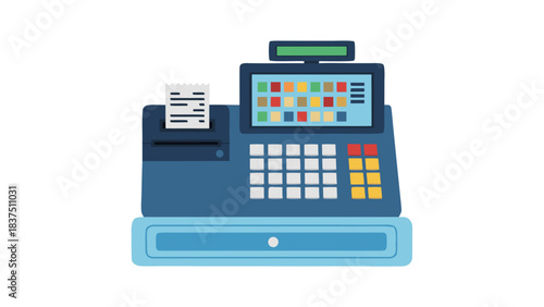 Blue vintage cash register with colorful buttons and receipt roll in a retail environment symbolizing commerce and sales transactions
