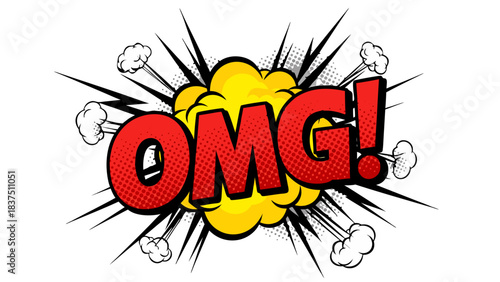 Bold Red OMG! Text Against a Dynamic Yellow Explosion on Black Background with White Comic Book Style Splatter