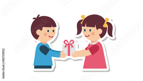 Boy Giving Gift Box To Girl On Isolated Black Background With White Border Sticker Effect Cheerful Childhood Moment