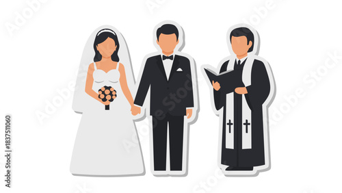 Bride and Groom Holding Hands With Officiant Leading Wedding Ceremony In Formal Attire Illustration
