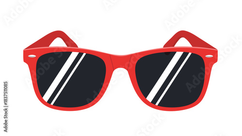 Bright Red Wayfarer Style Sunglasses With Black Lenses And White Reflections On A Solid Black Background