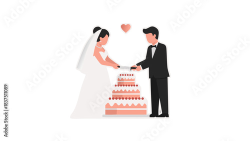 Bride and Groom in Formal Attire Cutting a Tiered Wedding Cake with Red Berries and White Frosting During Celebration Event Occasion