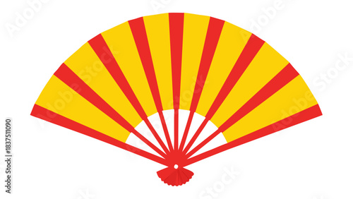 Bright Yellow and Red Folding Fan With Red Handle Isolated On Black Background