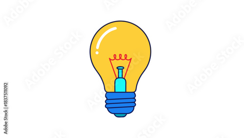 Bright Yellow Incandescent Light Bulb Illuminated On A Black Background With Blue Base And Red Filament Symbolizing Ideas Innovation And Creativity