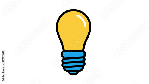 Bright Yellow Incandescent Light Bulb with Blue Base on a Black Background Symbolizing Ideas and Innovation