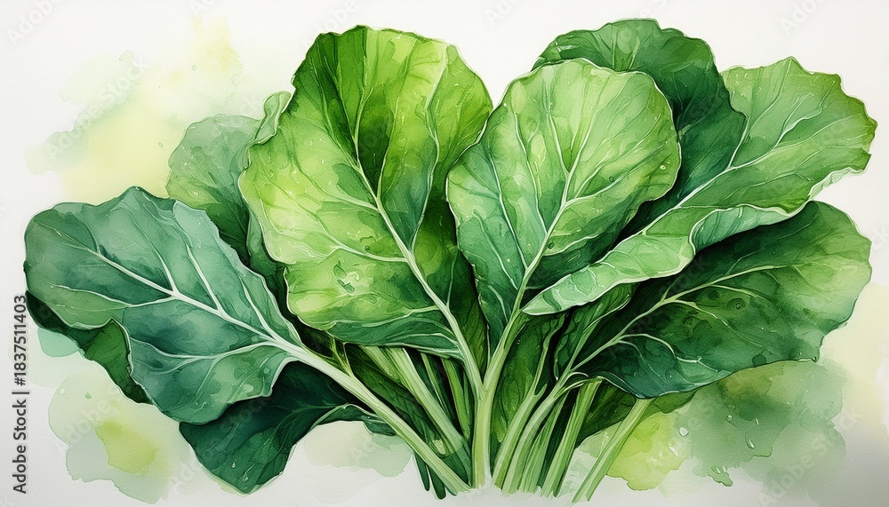 Fototapeta premium a watercolor painting depicts a vibrant bunch of fresh collard greens with detailed veining and soft green hues