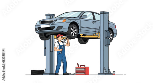 Mechanic working under a car on a lift performing maintenance and repairs.