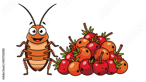 Cartoon Cockroach Standing Next to a Pile of Red Apples on a Black Background